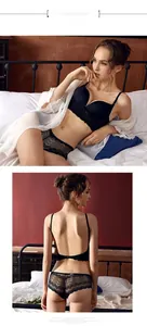 U-shaped backless lace bra set in black featuring seamless cups and low back design