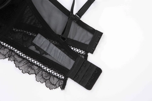 Detail of black lace bra back closure with double hook-and-eye and mesh fabric