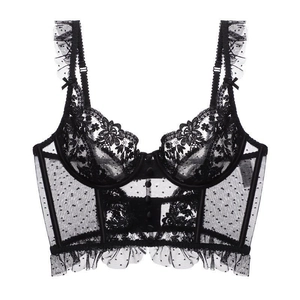 Soutien-gorge bustier en dentelle florale noire avec pois et élégantes bordures volantées