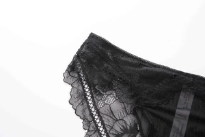 Detail of floral black lace underwear showing delicate crochet patterns and sheer fabric