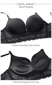 Detailed macro view of black push-up bra featuring seamless cups and wavy lace patterns
