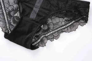 Detail of black floral lace underwear with breathable mesh and delicate eyelash trim