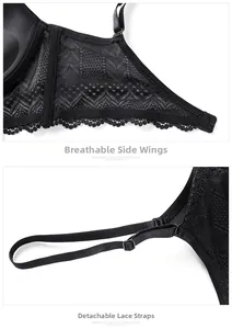 Detail view of breathable side wings and detachable lace shoulder straps on black bra