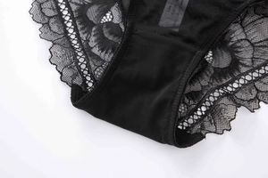 Close-up of intricate floral black lace edges and high-quality fabric on women's panties