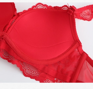 Close-up of red lace bra featuring adjustable straps and breathable mesh side wings