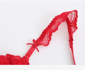 Detailed macro view of red lace shoulder strap with a delicate satin bow accent