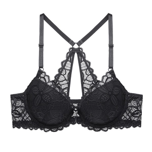 Reggiseno in pizzo nero con chiusura frontale e spalline decorative a Y sulla schiena