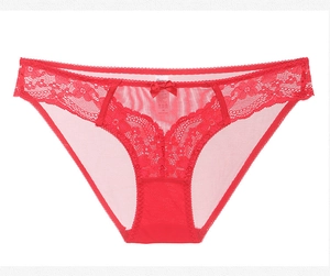Detailed view of red lace panties with sheer mesh fabric and delicate satin bow decoration