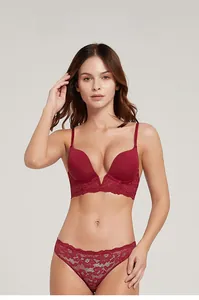 Detail of deep V-neck lace bra in burgundy featuring elegant gathering and floral embroidery