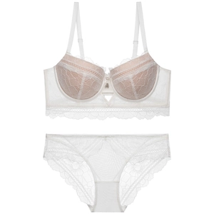Elegant cream white floral lace lingerie set with push-up bra and matching panties