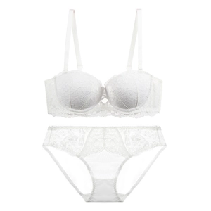 Vue détaillée de la broderie en dentelle florale sur l'ensemble soutien-gorge et culotte blancs