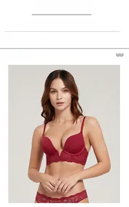Detail view of the wine red lace bra featuring deep V-neck and adjustable elastic straps