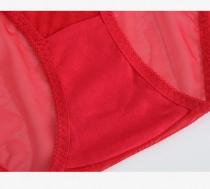 Macro detail of the breathable red mesh fabric and neat stitching on the cotton crotch area