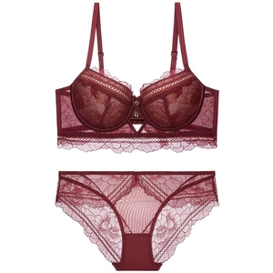 Deep red floral lace lingerie set with push-up bra and sheer mesh panty on white background