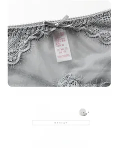 Detail of grey lace panties showing floral patterns, mesh texture and a satin bow