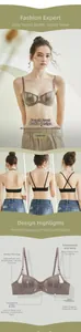 Detail of front closure mesh bra with rabbit ear thin cups and soft underwire support