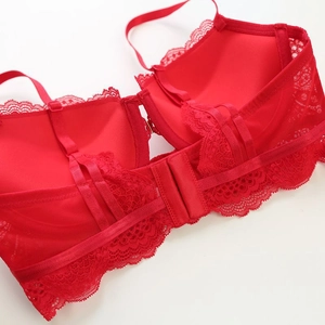 Detail view of red lace bra featuring triple back straps and delicate floral scalloped edges