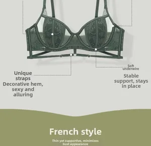 Detailed close-up of dark green lace bra with soft underwire and cross strap design