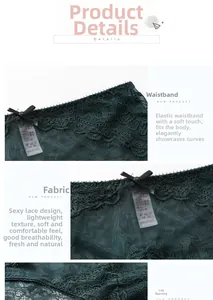 Detail showing dark green eyelash lace fabric and breathable cotton crotch with bow detail