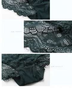 Close-up of delicate dark green lace and mesh texture with breathable cotton crotch detail