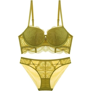 Olive green floral lace lingerie set with push-up bra and sheer matching panty