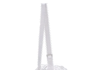 Detailed macro view of adjustable shoulder strap with scalloped lace edges on a white bra