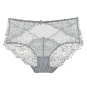 Elegant light grey floral lace high waist panties with bow and mesh details for women