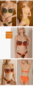 Detail view of leopard print lace bra and panty set in vibrant orange and black