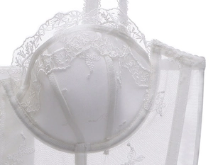 Detail of white floral lace bustier showing sheer mesh fabric and corset boning structure