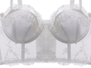Detail of white French lace bra featuring floral embroidery and sheer mesh texture