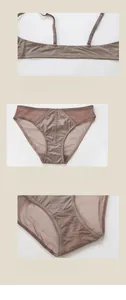 Detail of seamless brown lingerie set featuring mesh trim and breathable cotton crotch