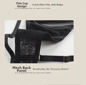 Detail view of black mesh bra showing 0.2cm ultra-thin wing and gold adjustment buckle