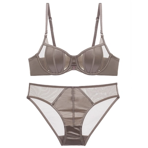 French Style Front Closure Lingerie Bra And Panty Mesh Patchwork Striped Satin Thin Cup Breathable Underwear For Women