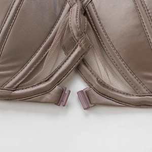 Back view of deep coffee satin bra with breathable mesh and T-hook closure details