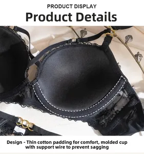 Close-up of black lace bra detail showing comfortable cotton cups and supportive underwire