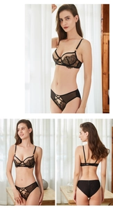Détails d'un ensemble lingerie en dentelle noire avec lanières croisées et tulle fleuri