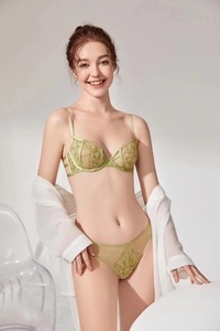 Detail of light green floral embroidery on sheer mesh bra set with underwire cups