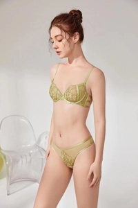 Detail of light green sheer mesh bra with intricate floral embroidery and satin finish