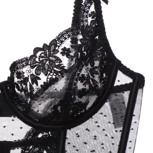 Close-up of black floral lace embroidery and sheer mesh detail on underwired bra