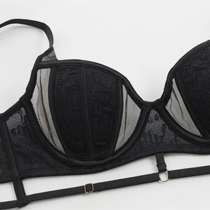 Sexy black lace lingerie set with soft underwire and breathable mesh detailing
