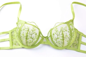 Detail of light green mesh bra featuring delicate leaf embroidery and adjustable straps