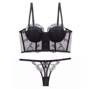 French Embroidery Lace Longline Bustier Lingerie For Women Sexy See-Through Mesh Push-Up Bra And Panty Underwired Corset Top