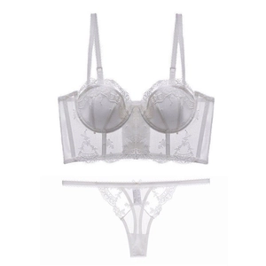 French style white lace embroidery bustier and thong set with soft underwire