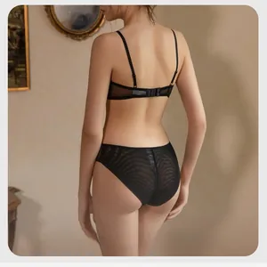 Back view of black eyelash lace lingerie set with mesh details and adjustable straps