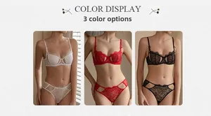 Three-color display of eyelash lace lingerie set with sheer mesh and floral details