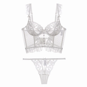 French Style Sexy Lace Lingerie For Women Polka Dot Mesh Bustier Bra And Thong Floral Embroidery Top And Bottom
