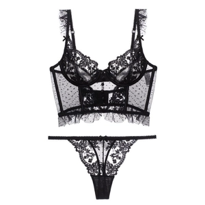 French style sexy black lace lingerie set with floral embroidery and ruffle trim