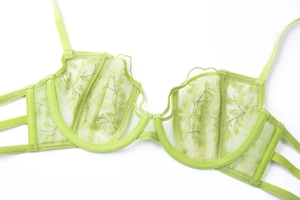 Detailed embroidery of leaf patterns on a lime green lace bra with sheer mesh