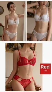 Close-up of red lace lingerie set with floral embroidery and mesh details on the bra