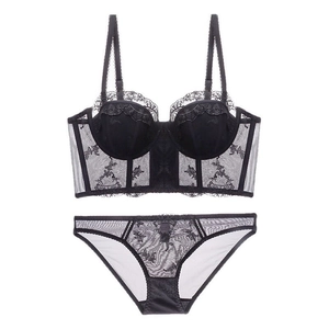 Elegant French black floral embroidery lace longline bra and matching mesh lingerie set